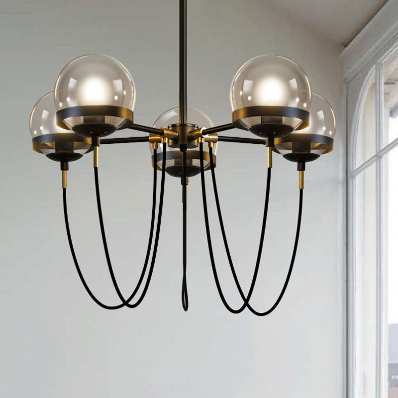 Bubble Drop Lamp Modern Clear Glass 5-Head Pendant Chandelier with Curved Arm for Living Room Black Clearhalo 'Ceiling Lights' 'Chandeliers' 'Glass shade' 'Glass' 'Modern Chandeliers' 'Modern' Lighting' 2039387