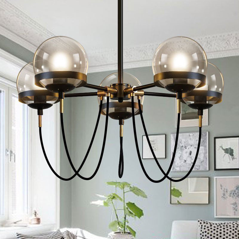 Bubble Drop Lamp Modern Clear Glass 5-Head Pendant Chandelier with Curved Arm for Living Room Clearhalo 'Ceiling Lights' 'Chandeliers' 'Glass shade' 'Glass' 'Modern Chandeliers' 'Modern' Lighting' 2039388
