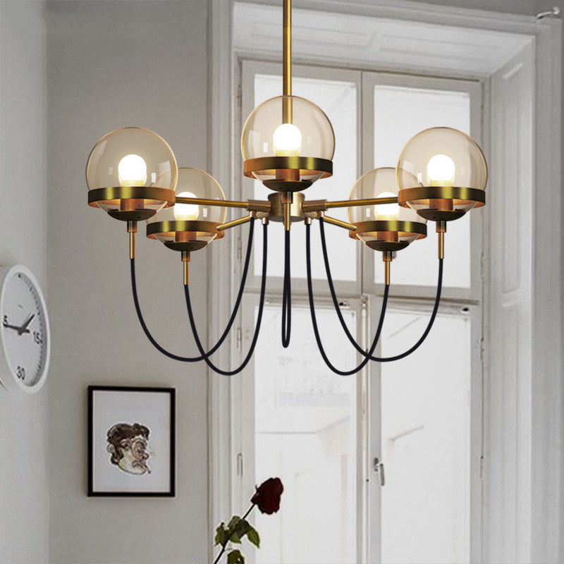 Bubble Drop Lamp Modern Clear Glass 5-Head Pendant Chandelier with Curved Arm for Living Room Bronze Clearhalo 'Ceiling Lights' 'Chandeliers' 'Glass shade' 'Glass' 'Modern Chandeliers' 'Modern' Lighting' 2039390