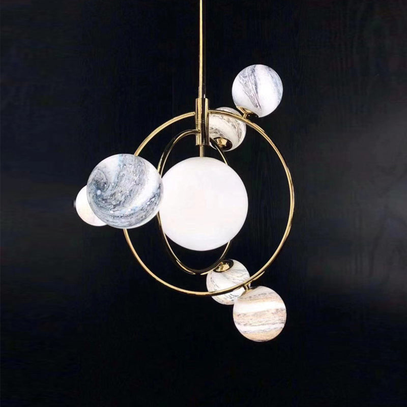 Simple Planet Orbit Drop Lamp Stained Glass 7-Head Dining Room Chandelier Light Fixture Clearhalo 'Ceiling Lights' 'Chandeliers' 'Glass shade' 'Glass' 'Modern Chandeliers' 'Modern' Lighting' 2039412