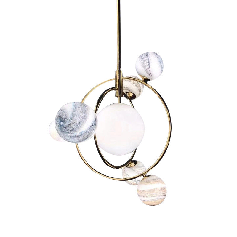 Simple Planet Orbit Drop Lamp Stained Glass 7-Head Dining Room Chandelier Light Fixture Clearhalo 'Ceiling Lights' 'Chandeliers' 'Glass shade' 'Glass' 'Modern Chandeliers' 'Modern' Lighting' 2039414