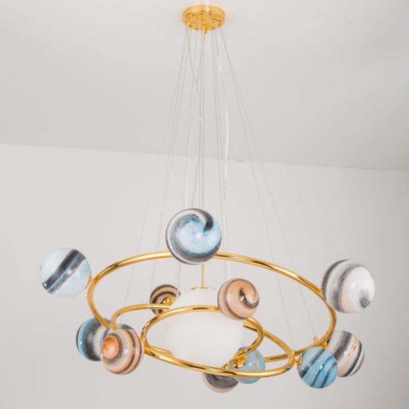 Simple Planet Orbit Drop Lamp Stained Glass 7-Head Dining Room Chandelier Light Fixture Gold Cord Clearhalo 'Ceiling Lights' 'Chandeliers' 'Glass shade' 'Glass' 'Modern Chandeliers' 'Modern' Lighting' 2039415