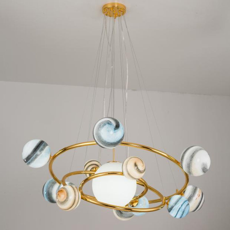 Simple Planet Orbit Drop Lamp Stained Glass 7-Head Dining Room Chandelier Light Fixture Clearhalo 'Ceiling Lights' 'Chandeliers' 'Glass shade' 'Glass' 'Modern Chandeliers' 'Modern' Lighting' 2039416