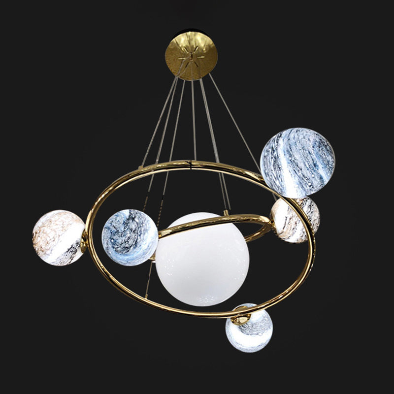 Simple Planet Orbit Drop Lamp Stained Glass 7-Head Dining Room Chandelier Light Fixture Clearhalo 'Ceiling Lights' 'Chandeliers' 'Glass shade' 'Glass' 'Modern Chandeliers' 'Modern' Lighting' 2039417