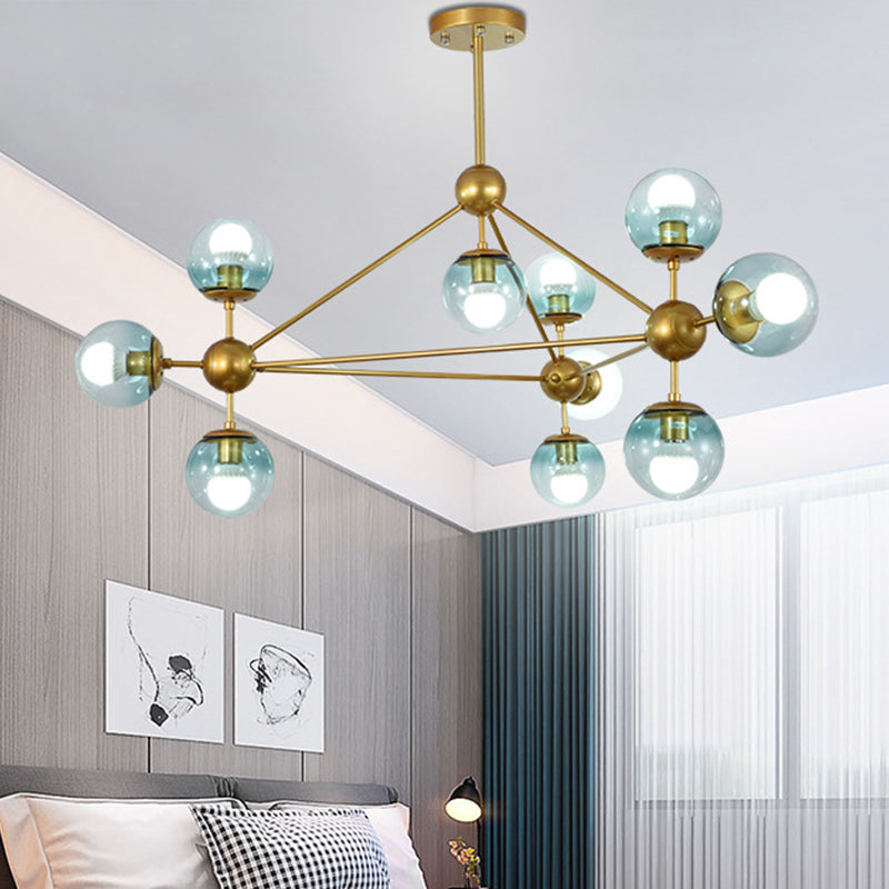 Gradient Blue Glass Ball Pendant Lamp Contemporary 10-Head Gold Chandelier Lighting for Bedroom Gold Clearhalo 'Ceiling Lights' 'Chandeliers' 'Glass shade' 'Glass' 'Modern Chandeliers' 'Modern' Lighting' 2039443