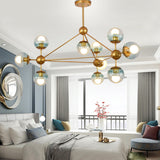 Gradient Blue Glass Ball Pendant Lamp Contemporary 10-Head Gold Chandelier Lighting for Bedroom Clearhalo 'Ceiling Lights' 'Chandeliers' 'Glass shade' 'Glass' 'Modern Chandeliers' 'Modern' Lighting' 2039444