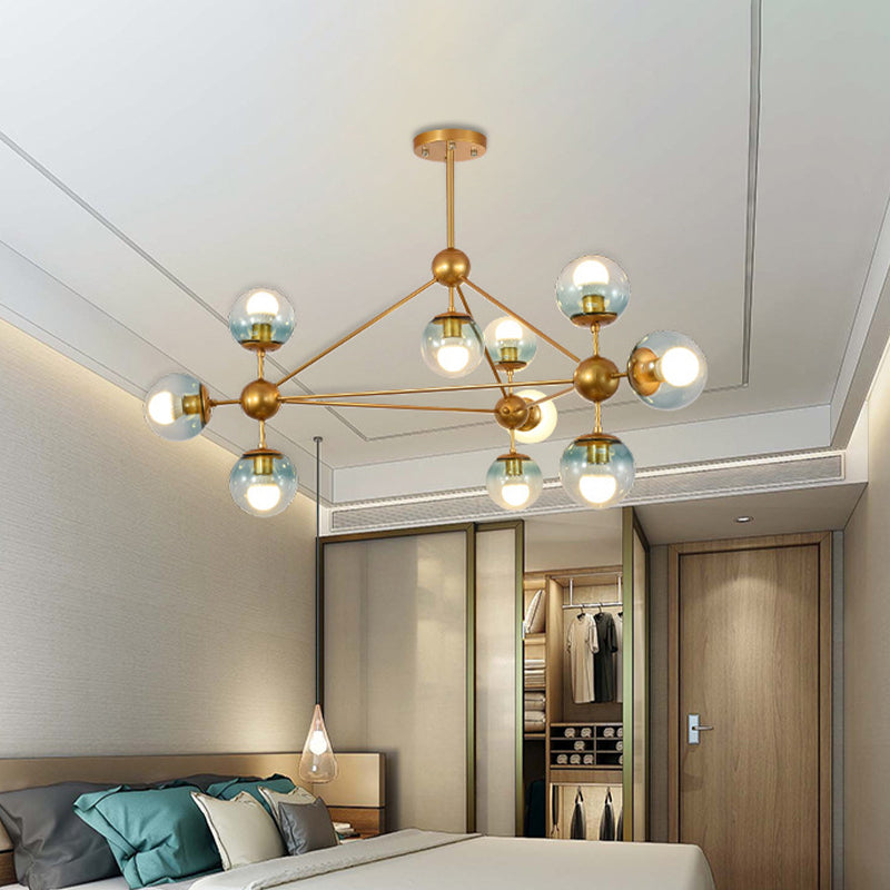 Gradient Blue Glass Ball Pendant Lamp Contemporary 10-Head Gold Chandelier Lighting for Bedroom Clearhalo 'Ceiling Lights' 'Chandeliers' 'Glass shade' 'Glass' 'Modern Chandeliers' 'Modern' Lighting' 2039445