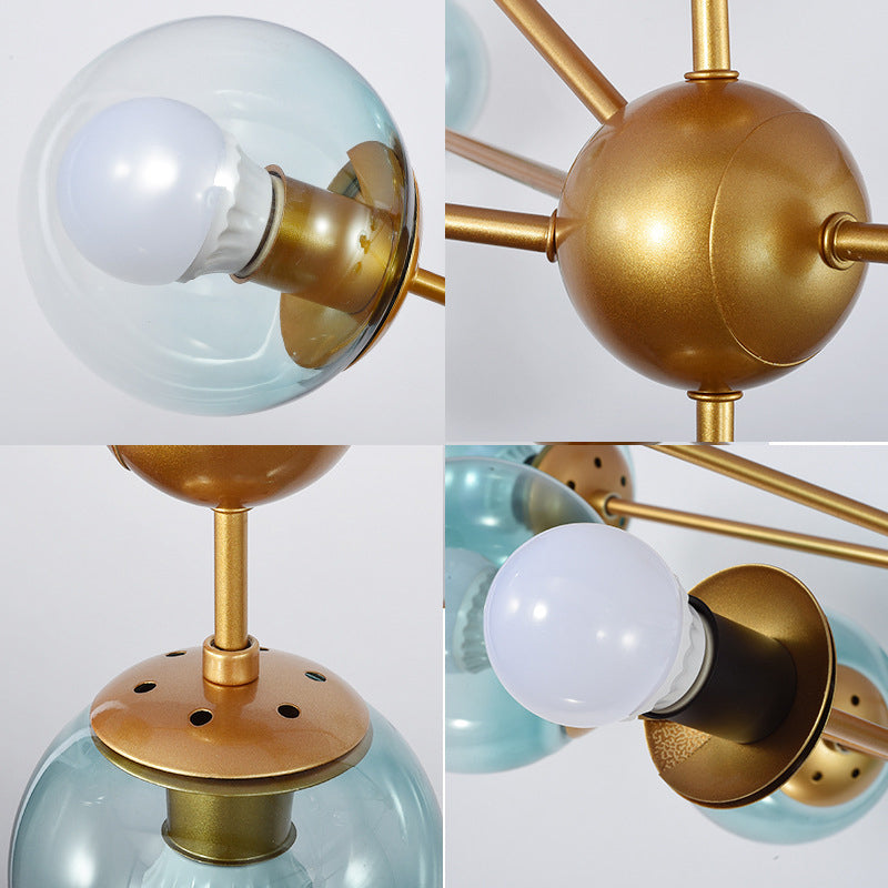 Gradient Blue Glass Ball Pendant Lamp Contemporary 10-Head Gold Chandelier Lighting for Bedroom Clearhalo 'Ceiling Lights' 'Chandeliers' 'Glass shade' 'Glass' 'Modern Chandeliers' 'Modern' Lighting' 2039446