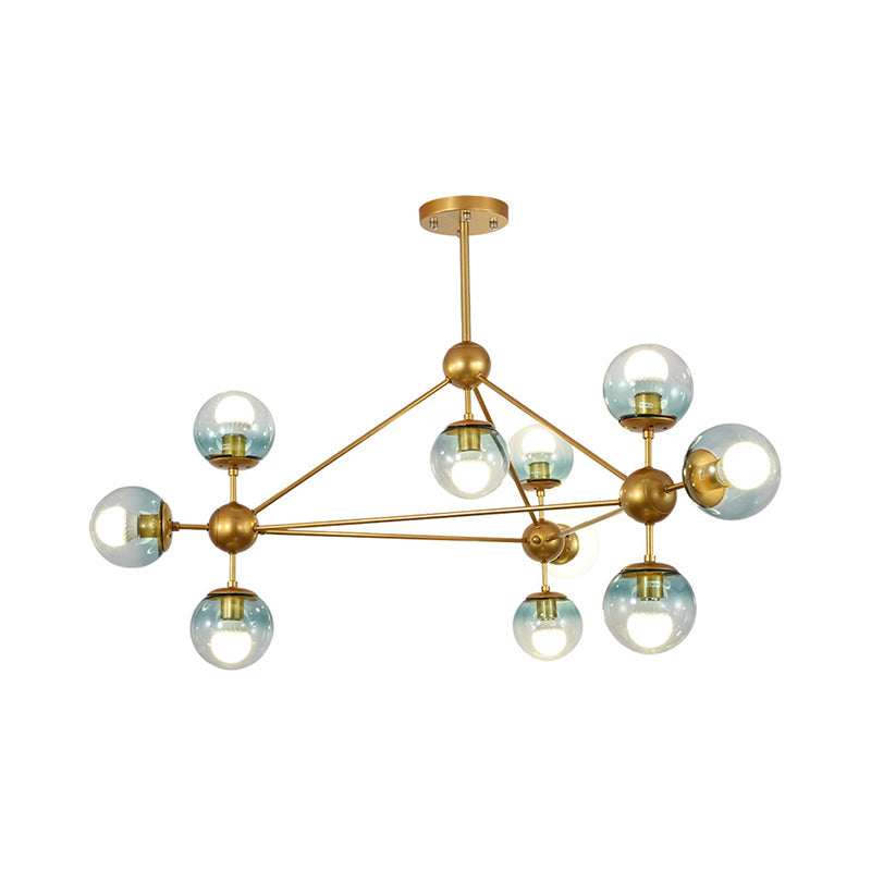 Gradient Blue Glass Ball Pendant Lamp Contemporary 10-Head Gold Chandelier Lighting for Bedroom Clearhalo 'Ceiling Lights' 'Chandeliers' 'Glass shade' 'Glass' 'Modern Chandeliers' 'Modern' Lighting' 2039447