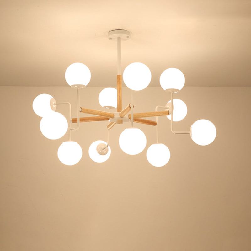 Simple Chandelier Lighting Fixture Wood Spherical Pendant Lamp with Opaline Glass Shade Clearhalo 'Ceiling Lights' 'Chandeliers' 'Glass shade' 'Glass' 'Modern Chandeliers' 'Modern' Lighting' 2039480