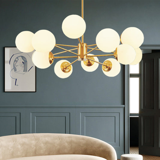 Radial Hanging Chandelier Nordic Metal Living Room Suspension Lamp with Ball Cream Glass Shade in Brass 12 Brass Clearhalo 'Ceiling Lights' 'Chandeliers' 'Glass shade' 'Glass' 'Modern Chandeliers' 'Modern' Lighting' 2039485