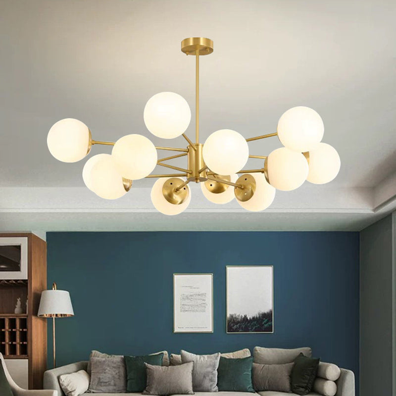 Radial Hanging Chandelier Nordic Metal Living Room Suspension Lamp with Ball Cream Glass Shade in Brass Clearhalo 'Ceiling Lights' 'Chandeliers' 'Glass shade' 'Glass' 'Modern Chandeliers' 'Modern' Lighting' 2039487