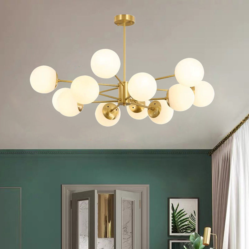 Radial Hanging Chandelier Nordic Metal Living Room Suspension Lamp with Ball Cream Glass Shade in Brass Clearhalo 'Ceiling Lights' 'Chandeliers' 'Glass shade' 'Glass' 'Modern Chandeliers' 'Modern' Lighting' 2039488