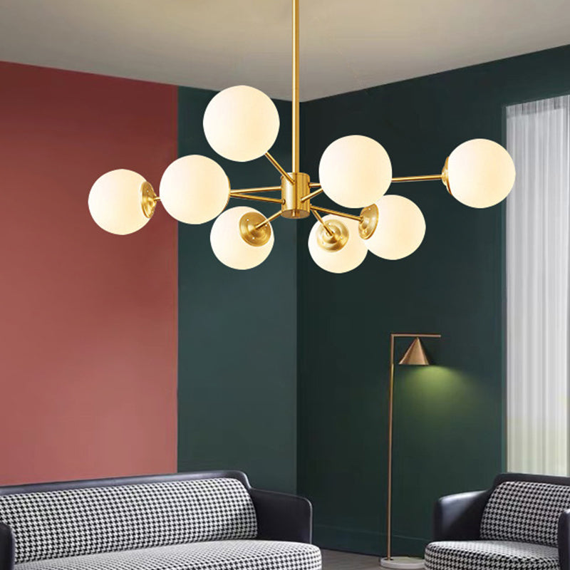 Radial Hanging Chandelier Nordic Metal Living Room Suspension Lamp with Ball Cream Glass Shade in Brass 8 Brass Clearhalo 'Ceiling Lights' 'Chandeliers' 'Glass shade' 'Glass' 'Modern Chandeliers' 'Modern' Lighting' 2039491