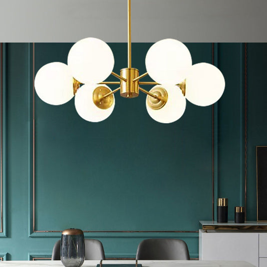 Radial Hanging Chandelier Nordic Metal Living Room Suspension Lamp with Ball Cream Glass Shade in Brass 6 Brass Clearhalo 'Ceiling Lights' 'Chandeliers' 'Glass shade' 'Glass' 'Modern Chandeliers' 'Modern' Lighting' 2039493