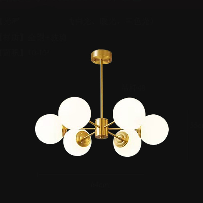 Radial Hanging Chandelier Nordic Metal Living Room Suspension Lamp with Ball Cream Glass Shade in Brass Clearhalo 'Ceiling Lights' 'Chandeliers' 'Glass shade' 'Glass' 'Modern Chandeliers' 'Modern' Lighting' 2039494