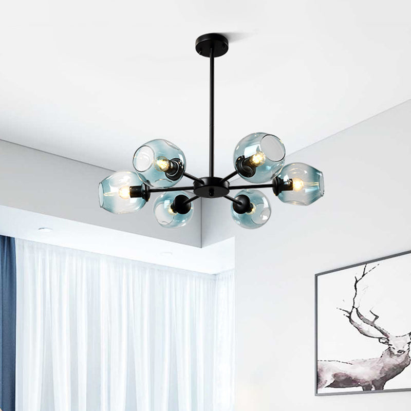 Cup Shade Ceiling Chandelier Nordic Gradient Dimpled Glass Suspension Pendant Light for Living Room 6 Black Blue Clearhalo 'Ceiling Lights' 'Chandeliers' 'Glass shade' 'Glass' 'Modern Chandeliers' 'Modern' Lighting' 2039503