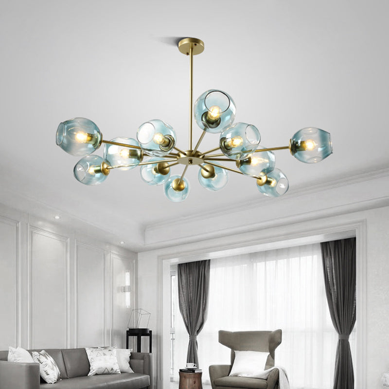 Cup Shade Ceiling Chandelier Nordic Gradient Dimpled Glass Suspension Pendant Light for Living Room 12 Gold Blue Clearhalo 'Ceiling Lights' 'Chandeliers' 'Glass shade' 'Glass' 'Modern Chandeliers' 'Modern' Lighting' 2039507