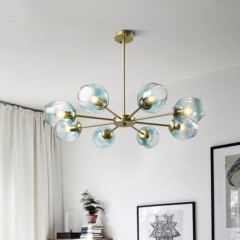 Cup Shade Ceiling Chandelier Nordic Gradient Dimpled Glass Suspension Pendant Light for Living Room 8 Gold Blue Clearhalo 'Ceiling Lights' 'Chandeliers' 'Glass shade' 'Glass' 'Modern Chandeliers' 'Modern' Lighting' 2039510