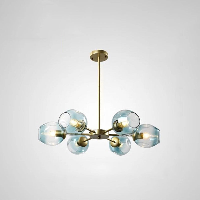 Cup Shade Ceiling Chandelier Nordic Gradient Dimpled Glass Suspension Pendant Light for Living Room 6 Gold Blue Clearhalo 'Ceiling Lights' 'Chandeliers' 'Glass shade' 'Glass' 'Modern Chandeliers' 'Modern' Lighting' 2039514