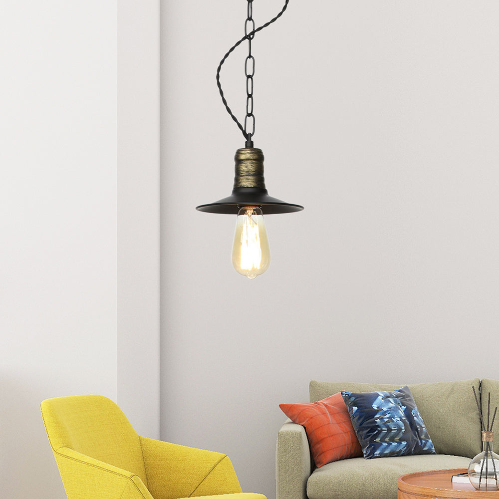 7"/8.5"/10" Wide Wrought Iron Black Pendant Flat 1-Light Retro Hanging Ceiling Light for Living Room Black 7" Clearhalo 'Art Deco Pendants' 'Black' 'Cast Iron' 'Ceiling Lights' 'Ceramic' 'Crystal' 'Industrial Pendants' 'Industrial' 'Metal' 'Middle Century Pendants' 'Pendant Lights' 'Pendants' 'Rustic Pendants' 'Tiffany' Lighting' 204031