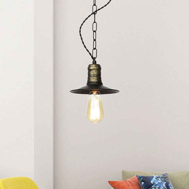 7"/8.5"/10" Wide Wrought Iron Black Pendant Flat 1-Light Retro Hanging Ceiling Light for Living Room Clearhalo 'Art Deco Pendants' 'Black' 'Cast Iron' 'Ceiling Lights' 'Ceramic' 'Crystal' 'Industrial Pendants' 'Industrial' 'Metal' 'Middle Century Pendants' 'Pendant Lights' 'Pendants' 'Rustic Pendants' 'Tiffany' Lighting' 204032