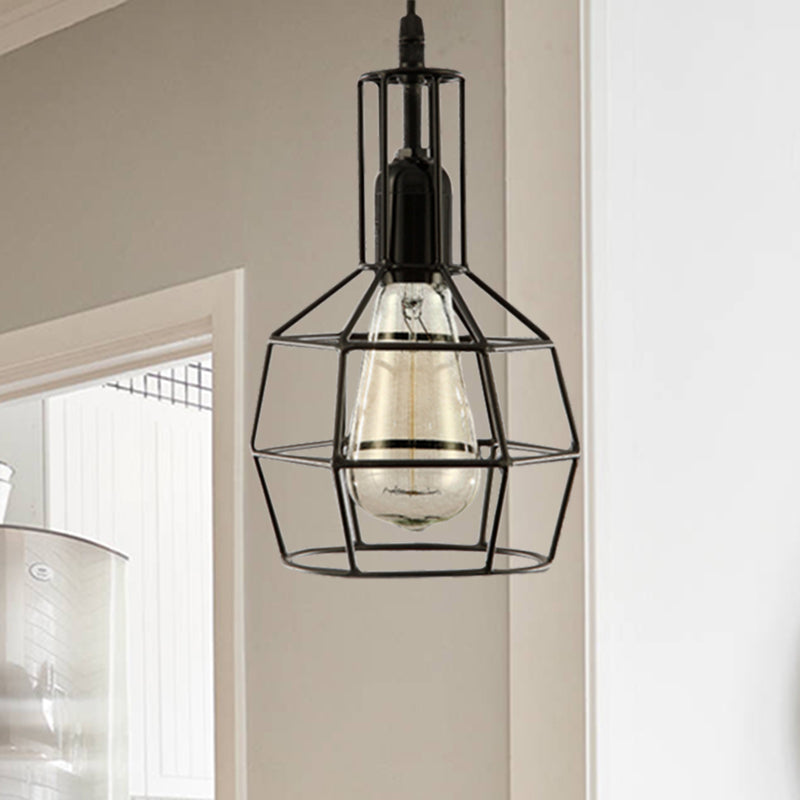 1-Light Prism Cage Pendant Ceiling Light Retro Black Metal Hanging Light Fixture for Living Room Black Clearhalo 'Art Deco Pendants' 'Black' 'Cast Iron' 'Ceiling Lights' 'Ceramic' 'Crystal' 'Industrial Pendants' 'Industrial' 'Metal' 'Middle Century Pendants' 'Pendant Lights' 'Pendants' 'Rustic Pendants' 'Tiffany' Lighting' 204076