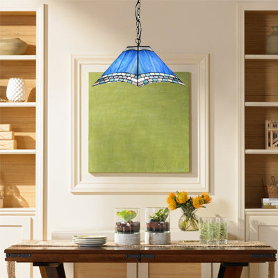 11.5"/18" W Blue Single Bulb Pendant Light Mediterranean Multicolored Stained Glass Pyramid Hanging Lamp for Kitchen Blue Clearhalo 'Ceiling Lights' 'Chandeliers' 'Industrial' 'Middle Century Pendants' 'Pendant Lights' 'Pendants' 'Tiffany close to ceiling' 'Tiffany Pendants' 'Tiffany' Lighting' 20409