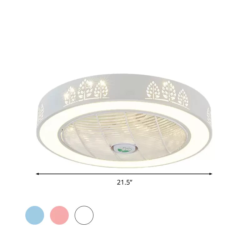 21.5" Wide LED Pendant Fan Light Modernism Living Room Semi Flush Mount with Drum Acrylic Shade in Pink/Blue/White Clearhalo 'Ceiling Fans with Lights' 'Ceiling Fans' 'Kids Ceiling Fans' 'Kids' Lighting' 2041054