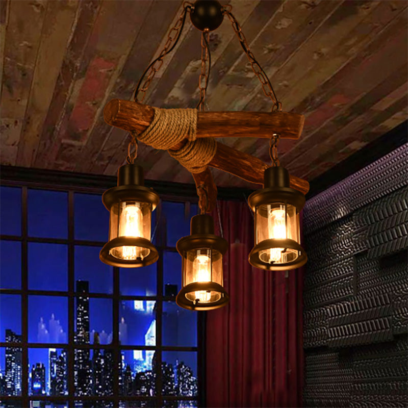 3-Bulb Ceiling Lamp with Lantern Shade Clear Glass Vintage Dining Room Chandelier Pendant Light in Black Black Clearhalo 'Cast Iron' 'Ceiling Lights' 'Chandeliers' 'Industrial Chandeliers' 'Industrial' 'Metal' 'Middle Century Chandeliers' 'Rustic Chandeliers' 'Tiffany' Lighting' 204175