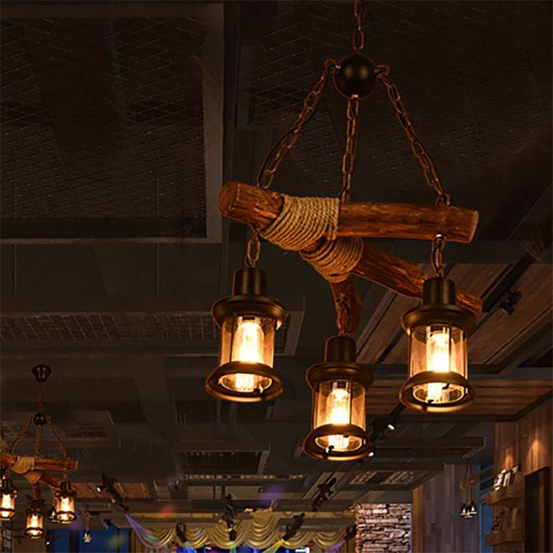 3-Bulb Ceiling Lamp with Lantern Shade Clear Glass Vintage Dining Room Chandelier Pendant Light in Black Clearhalo 'Cast Iron' 'Ceiling Lights' 'Chandeliers' 'Industrial Chandeliers' 'Industrial' 'Metal' 'Middle Century Chandeliers' 'Rustic Chandeliers' 'Tiffany' Lighting' 204176