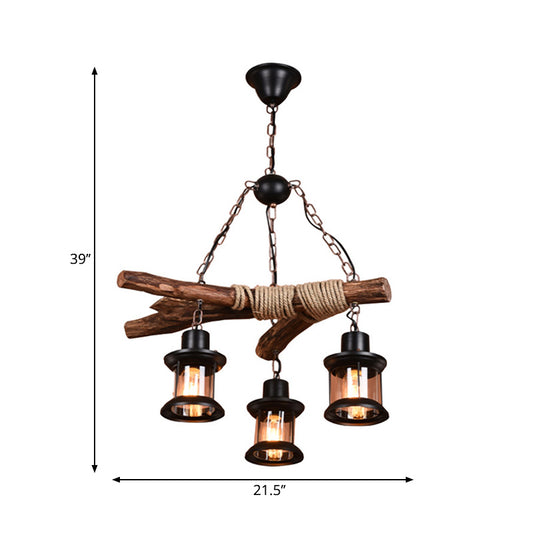 3-Bulb Ceiling Lamp with Lantern Shade Clear Glass Vintage Dining Room Chandelier Pendant Light in Black Clearhalo 'Cast Iron' 'Ceiling Lights' 'Chandeliers' 'Industrial Chandeliers' 'Industrial' 'Metal' 'Middle Century Chandeliers' 'Rustic Chandeliers' 'Tiffany' Lighting' 204178