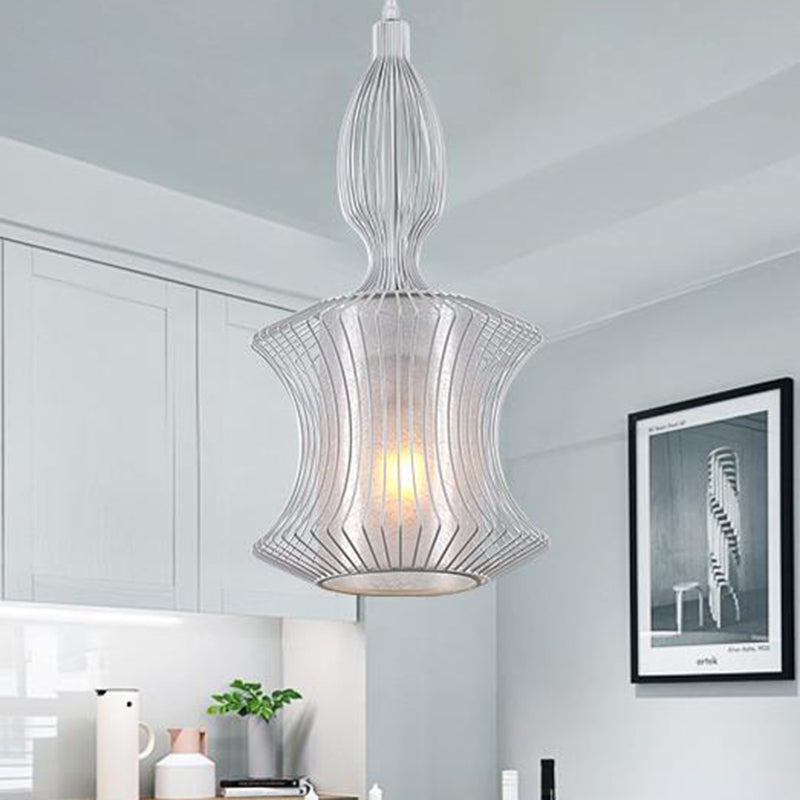 1-Light Ceiling Pendant Light Vintage Lantern Frame Iron Hanging Light Fixture in White for Dining Room Clearhalo 'Art Deco Pendants' 'Cast Iron' 'Ceiling Lights' 'Ceramic' 'Crystal' 'Industrial Pendants' 'Industrial' 'Metal' 'Middle Century Pendants' 'Pendant Lights' 'Pendants' 'Tiffany' Lighting' 204200