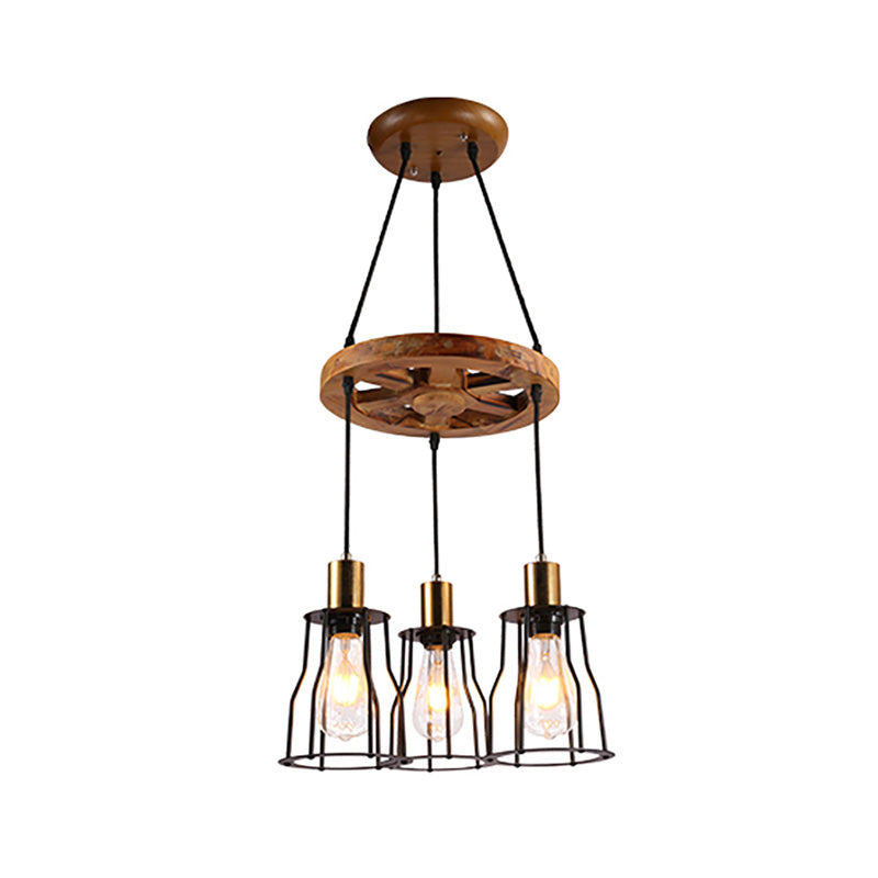 Wood Bell Cage Hanging Lamp Industrial 3/6 Lights Living Room Pendant Light in Brass Clearhalo 'Ceiling Lights' 'Industrial Pendants' 'Industrial' 'Middle Century Pendants' 'Pendant Lights' 'Pendants' 'Tiffany' Lighting' 204214