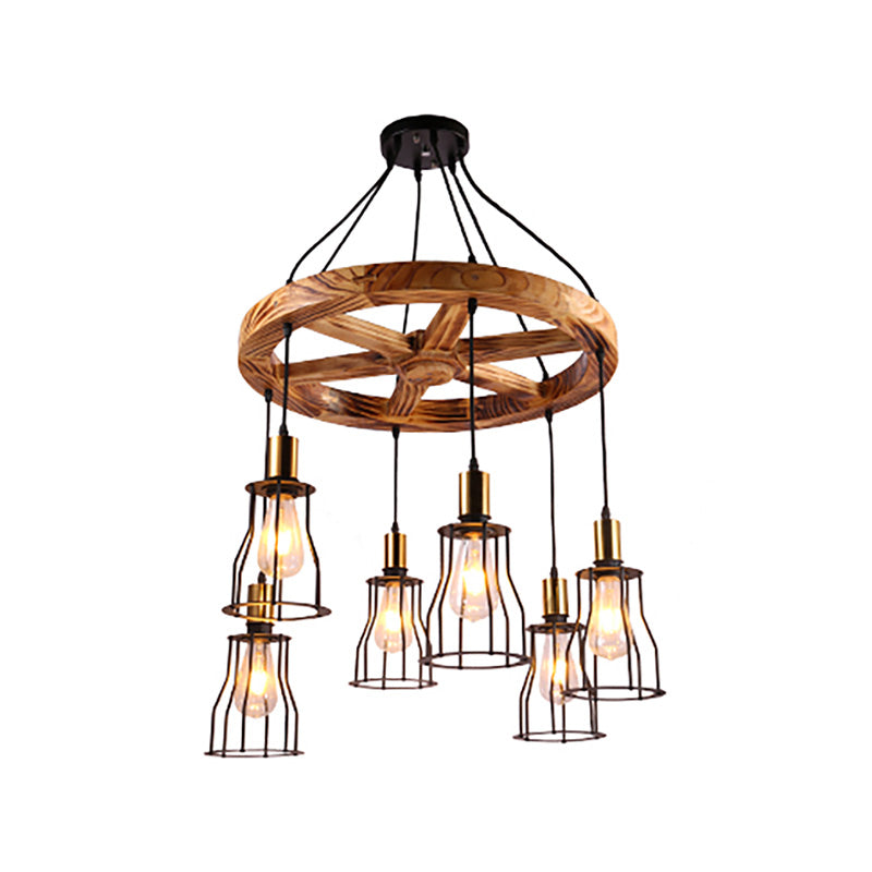 Wood Bell Cage Hanging Lamp Industrial 3/6 Lights Living Room Pendant Light in Brass Clearhalo 'Ceiling Lights' 'Industrial Pendants' 'Industrial' 'Middle Century Pendants' 'Pendant Lights' 'Pendants' 'Tiffany' Lighting' 204217
