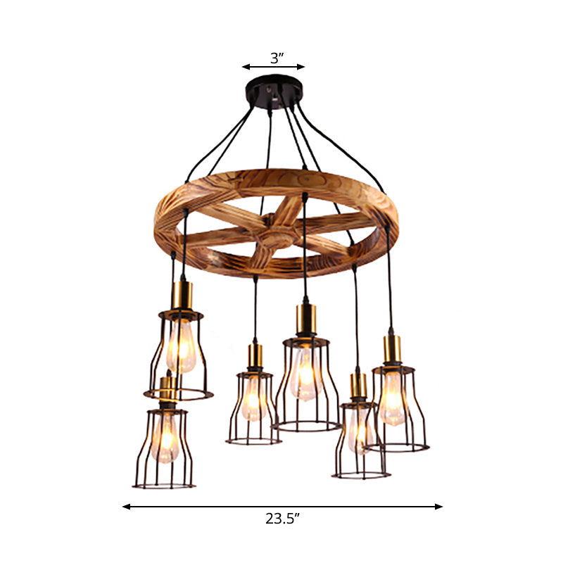 Wood Bell Cage Hanging Lamp Industrial 3/6 Lights Living Room Pendant Light in Brass Clearhalo 'Ceiling Lights' 'Industrial Pendants' 'Industrial' 'Middle Century Pendants' 'Pendant Lights' 'Pendants' 'Tiffany' Lighting' 204218