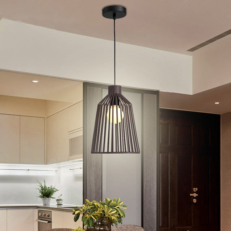 1-Light Pendant Lighting Fixture with Bell Wire Cage Metal Nordic Style Kitchen Island Hanging Lamp in Grey/White/Coffee Clearhalo 'Art Deco Pendants' 'Cast Iron' 'Ceiling Lights' 'Ceramic' 'Crystal' 'Industrial Pendants' 'Industrial' 'Metal' 'Middle Century Pendants' 'Pendant Lights' 'Pendants' 'Tiffany' Lighting' 204255