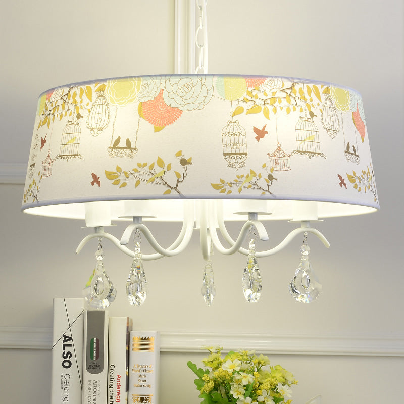 Drum Shade Pendant Light with Clear Crystal Modern Metal Chandelier in White for Dining Room Clearhalo 'Ceiling Lights' 'Chandeliers' Lighting' options 204280