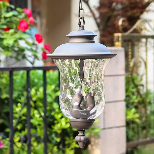 3-Light Pendant Light with Dimpled Glass Shade Metal Antique Style Outdoor Hanging Lamp in Dark Gray Clearhalo 'Cast Iron' 'Ceiling Lights' 'Chandeliers' 'Industrial Chandeliers' 'Industrial' 'Metal' 'Middle Century Chandeliers' 'Rustic Chandeliers' 'Tiffany' Lighting' 204316