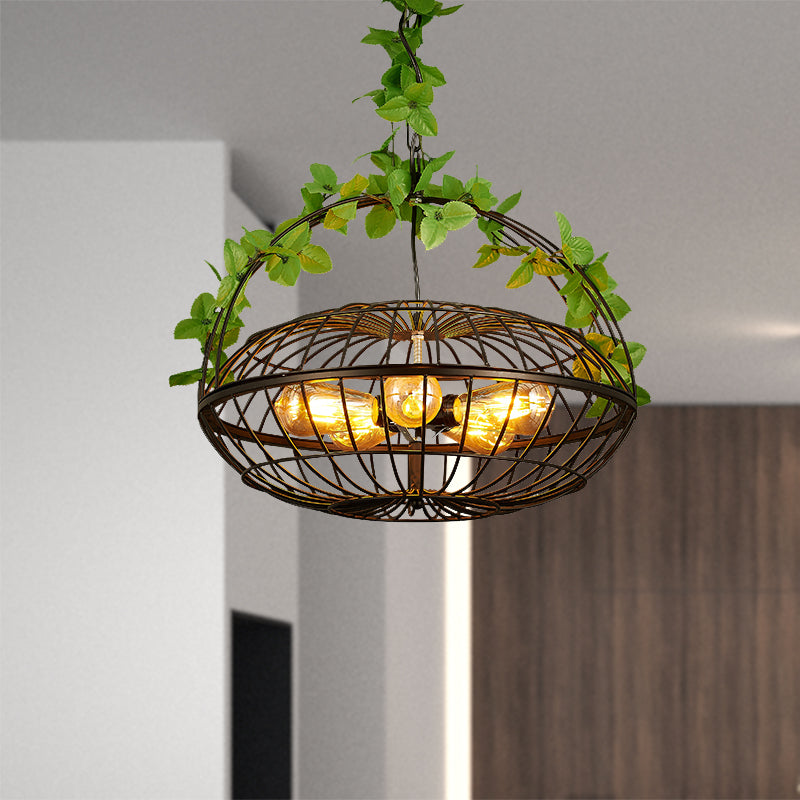 5 Bulbs Metal Pendant Chandelier Industrial Black Basket Cage Shade Restaurant Hanging Lamp with Plant Clearhalo 'Cast Iron' 'Ceiling Lights' 'Chandeliers' 'Industrial Chandeliers' 'Industrial' 'Metal' 'Middle Century Chandeliers' 'Rustic Chandeliers' 'Tiffany' Lighting' 204385