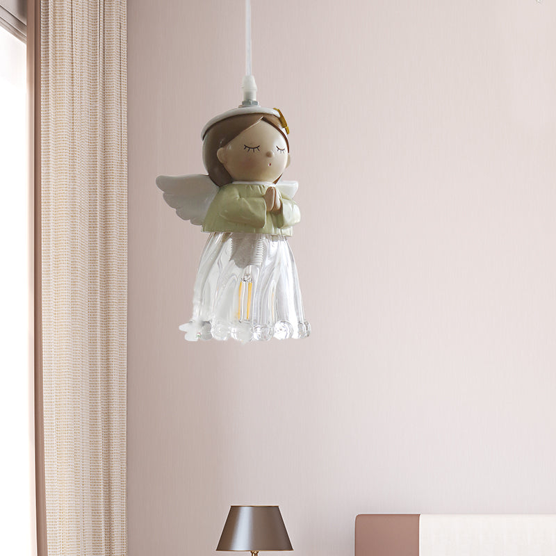 Angel Child Bedroom Pendant Light Resin One Bulb Hanging Light in Green 1 Green Clearhalo 'Ceiling Lights' 'Close To Ceiling Lights' 'Glass shade' 'Glass' 'Pendant Lights' 'Pendants' Lighting' 204389