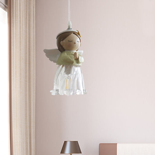Angel Child Bedroom Pendant Light Resin One Bulb Hanging Light in Green 1 Green Clearhalo 'Ceiling Lights' 'Close To Ceiling Lights' 'Glass shade' 'Glass' 'Pendant Lights' 'Pendants' Lighting' 204389