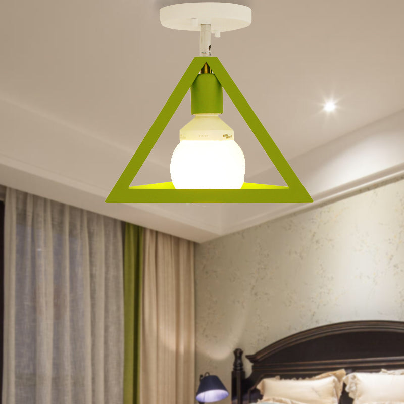 Retro Industrial Wire Cage Semi Flush Ceiling Light with Triangle Shade 1 Head Metal Ceiling Lamp in Black/Grey/White Green Clearhalo 'Ceiling Lights' 'Close To Ceiling Lights' 'Close to ceiling' 'Semi-flushmount' Lighting' 204397