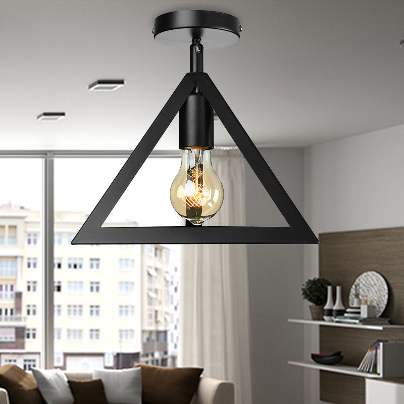 Retro Industrial Wire Cage Semi Flush Ceiling Light with Triangle Shade 1 Head Metal Ceiling Lamp in Black/Grey/White Black Clearhalo 'Ceiling Lights' 'Close To Ceiling Lights' 'Close to ceiling' 'Semi-flushmount' Lighting' 204400