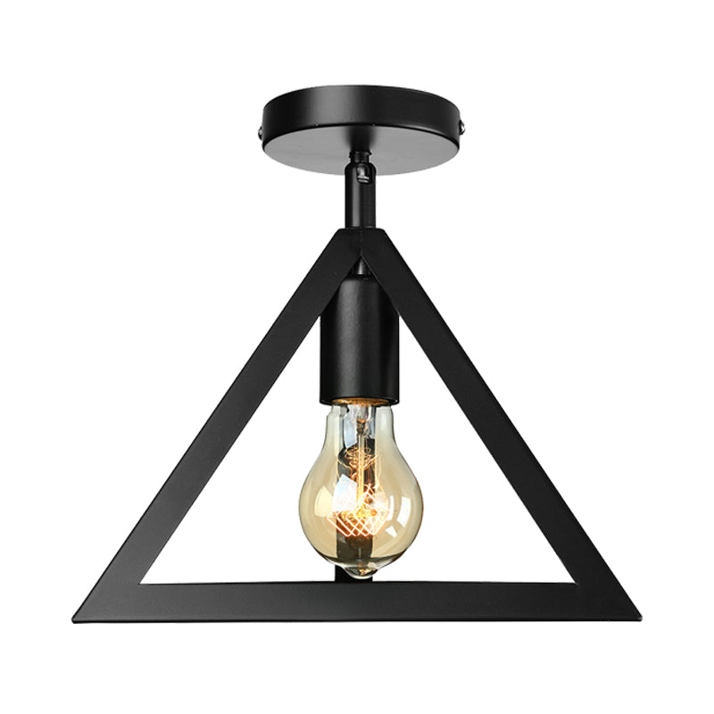 Retro Industrial Wire Cage Semi Flush Ceiling Light with Triangle Shade 1 Head Metal Ceiling Lamp in Black/Grey/White Clearhalo 'Ceiling Lights' 'Close To Ceiling Lights' 'Close to ceiling' 'Semi-flushmount' Lighting' 204402