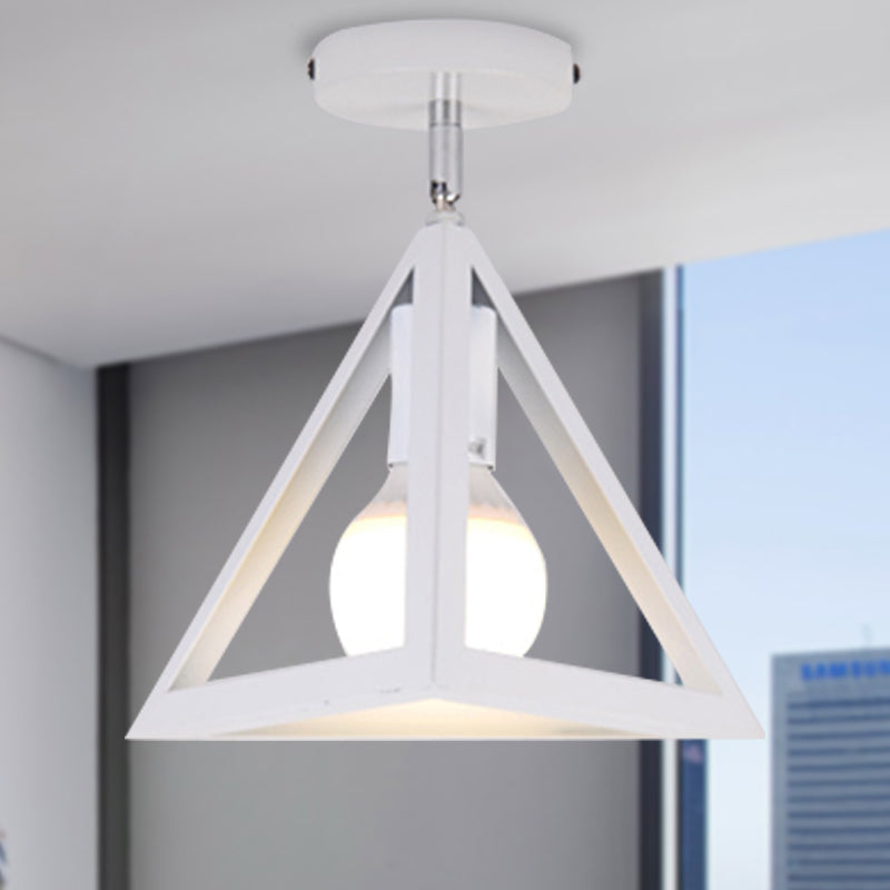 Retro Industrial Wire Cage Semi Flush Ceiling Light with Triangle Shade 1 Head Metal Ceiling Lamp in Black/Grey/White White Clearhalo 'Ceiling Lights' 'Close To Ceiling Lights' 'Close to ceiling' 'Semi-flushmount' Lighting' 204403
