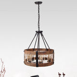 5-Light Metal Chandelier Light Fixture Retro Black Rope-weaved Wooden Drum Dining Room Pendant Chandelier Clearhalo 'Cast Iron' 'Ceiling Lights' 'Chandeliers' 'Industrial Chandeliers' 'Industrial' 'Metal' 'Middle Century Chandeliers' 'Rustic Chandeliers' 'Tiffany' Lighting' 204419