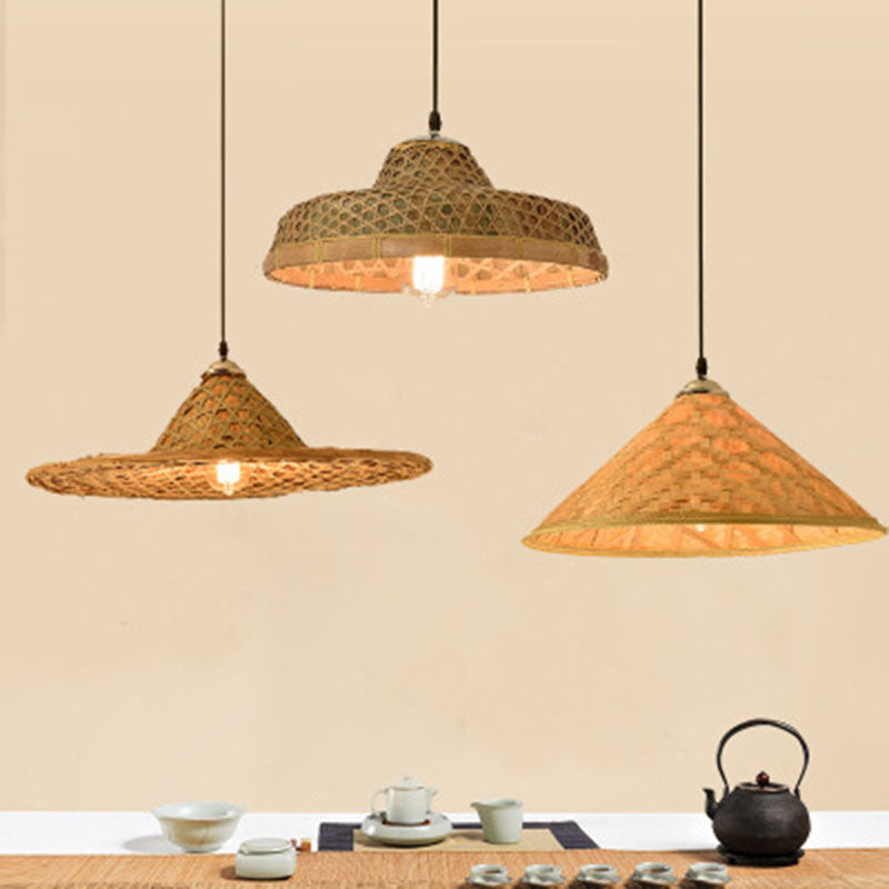Wood Straw Hat Shaped Pendant Lamp Asian Style 1 Bulb Bamboo Hanging Light Fixture Clearhalo 'Ceiling Lights' 'Modern Pendants' 'Modern' 'Pendant Lights' 'Pendants' Lighting' 2044293