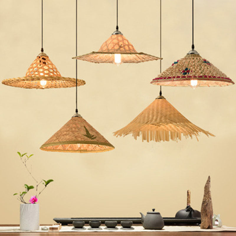 Wood Straw Hat Shaped Pendant Lamp Asian Style 1 Bulb Bamboo Hanging Light Fixture Clearhalo 'Ceiling Lights' 'Modern Pendants' 'Modern' 'Pendant Lights' 'Pendants' Lighting' 2044294