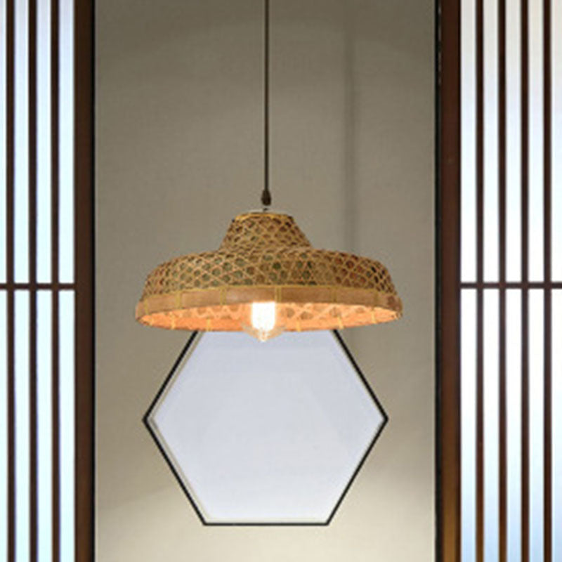 Wood Straw Hat Shaped Pendant Lamp Asian Style 1 Bulb Bamboo Hanging Light Fixture Clearhalo 'Ceiling Lights' 'Modern Pendants' 'Modern' 'Pendant Lights' 'Pendants' Lighting' 2044301